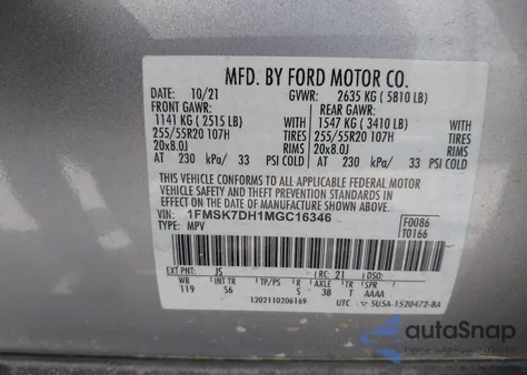 2021 Ford Explorer Xlt from USA, damaged, VIN 1FMSK7DH1MGC16346
